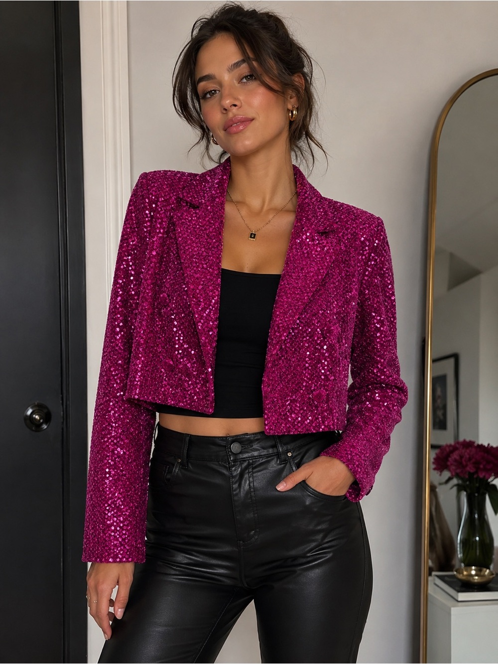 Forever 21 Fuchsia Sequin Cropped Blazer